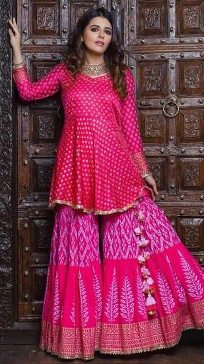 Peplum Kurti Bandhej Sharara Suit