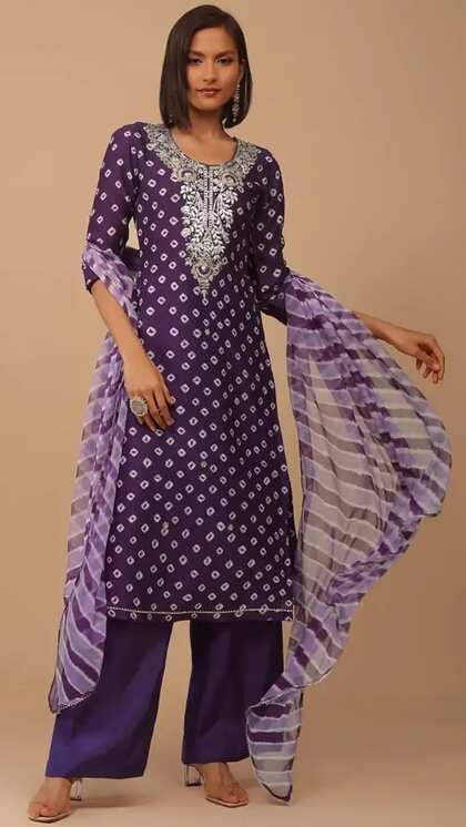 Purple A-line Bandhej Suit