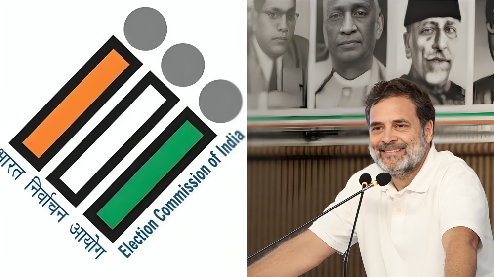 ECI logo and Rahul Gandhi