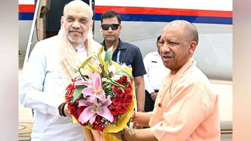 Uttar Pradesh Chief Minister Yogi Adityanath welcomes Union Home Minister Amit Shah in Lucknow
