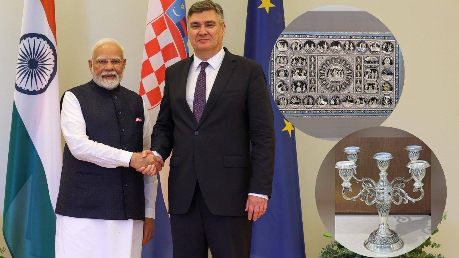 PM Narendra Modi gifts pattachitra painting to Croatia's President Zoran Milanovic, silver candle stand to PM Andrej Plenkovic 