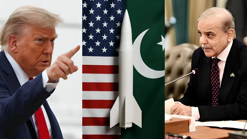 Collage of Donald Trump, Shehbaz Sharif and AI generated pic