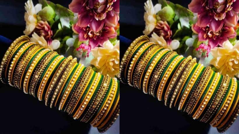 Green yellow bangle set to match Sawan green saree look