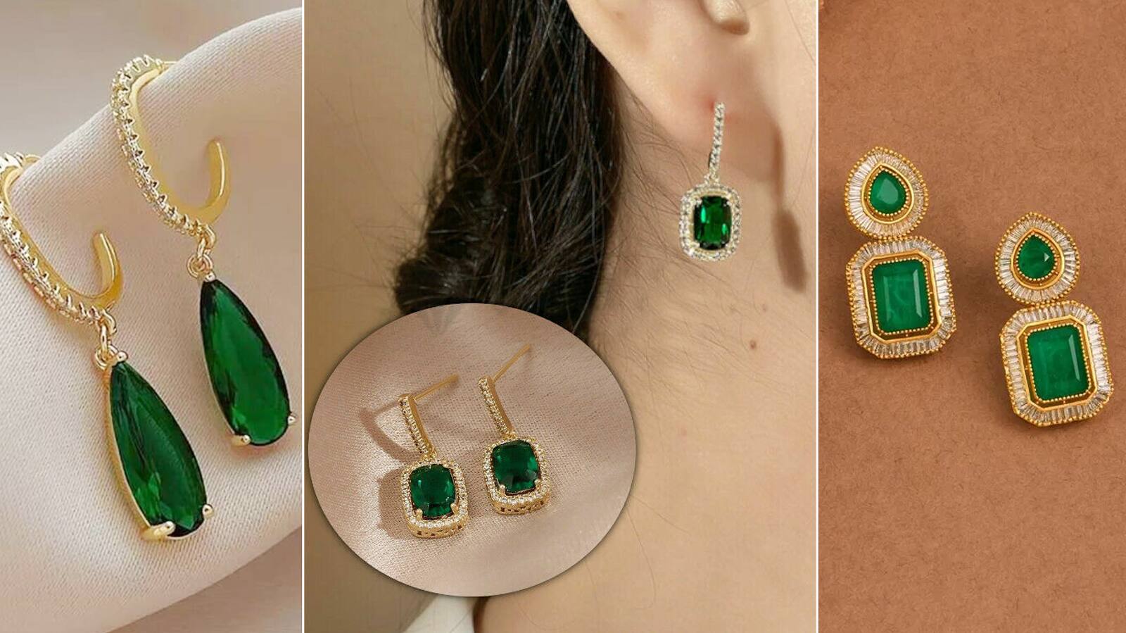 Golden Green Stone earrings Designs under 200 Rs