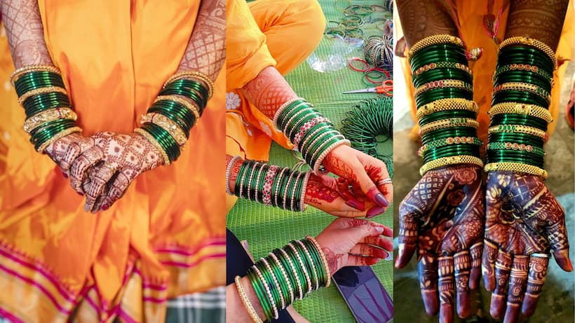 Marathi green bangles set design for Sawan festival