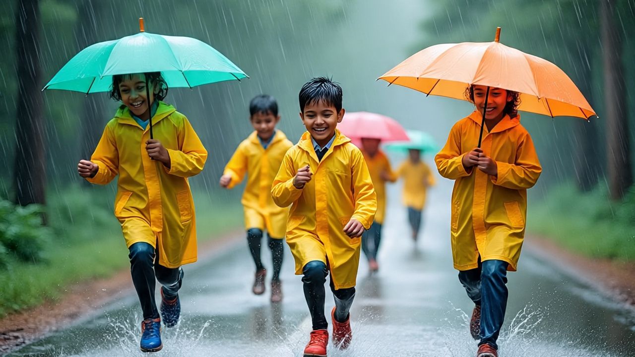 Children Playing Rain 