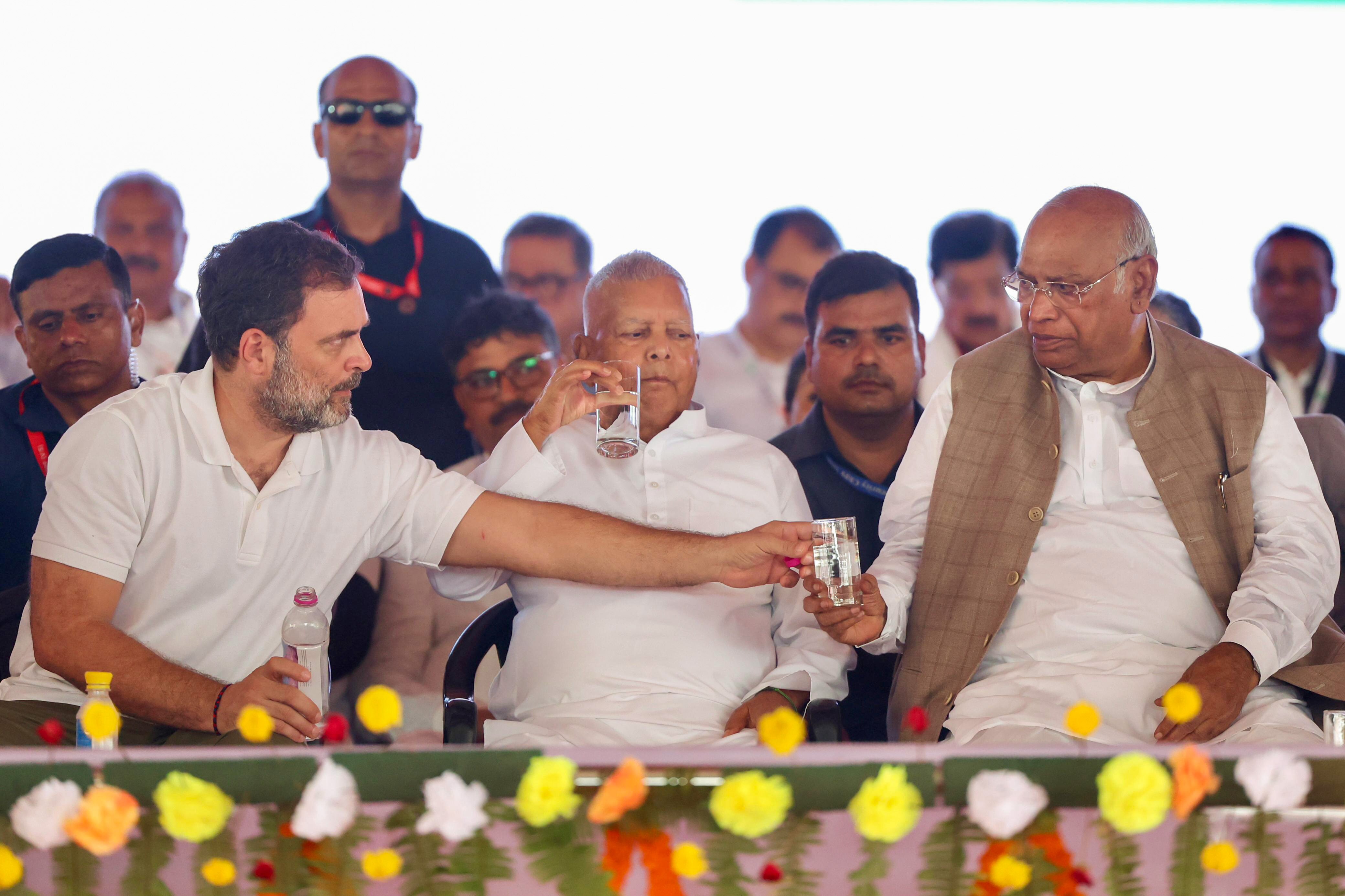Rahul Gandhi along with Congress Party President Malikarjun Kharge and RJD Chief Lalu Prasad Yadav, during Voter Adhikar Rally