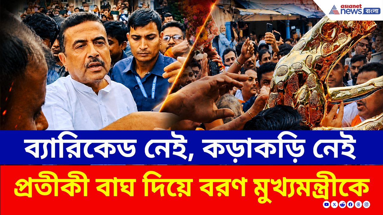 Bengal Chief Minister: বাংলার মসনদে ঘরের ছেলে! শান্তিকুঞ্জের বাইরে প্রতীকী বাঘ নিয়ে মুখ্যমন্ত্রী শুভেন্দুকে বরণ