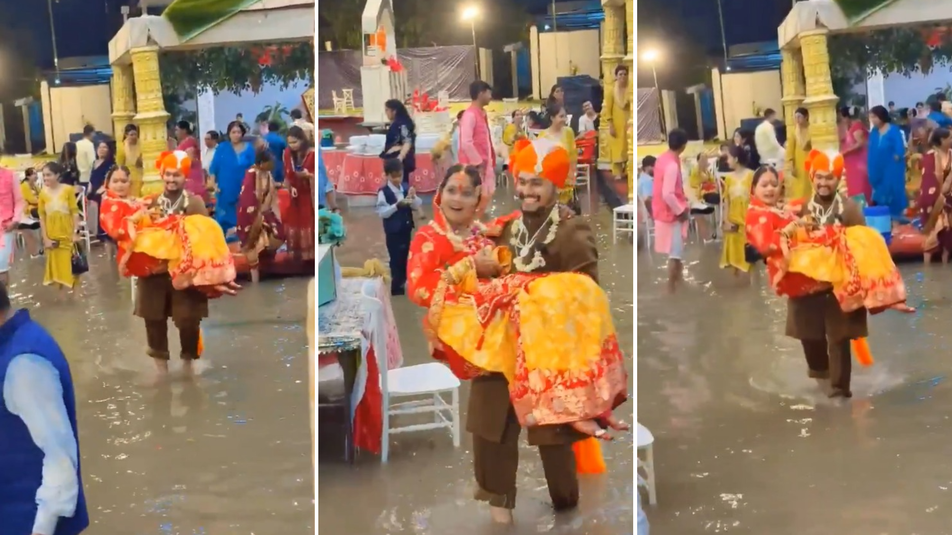 MP Monsoon Wedding Goes Viral: Groom Carries Bride Through Flooded Mandap as Guests Cheer