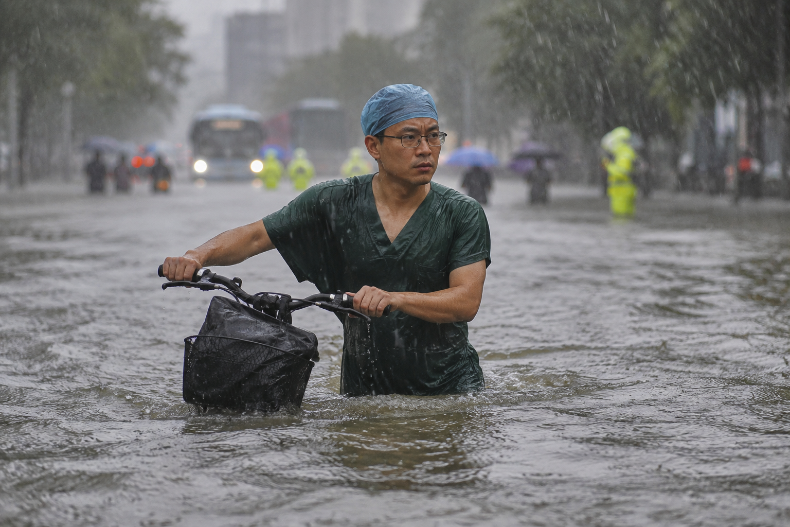 Chinese Doctor Pushes Bicycle Through Waist-Deep Floodwater To Reach Patients, Perform Life-Saving Surgeries