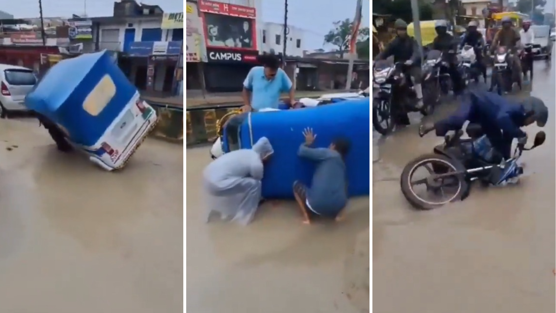 Varanasi Waterlogging: Auto, Bike Overturn on Flooded Road, Viral Video Sparks Debate