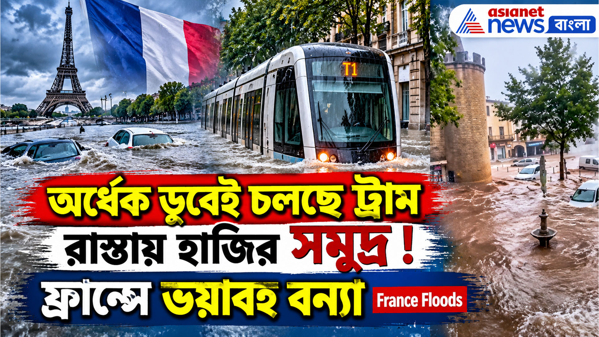 অর্ধেক ডুবেই চলছে ট্রাম, রাস্তায় হাজির সমুদ্র। ফ্রান্সে ভয়বাহ বন্যা