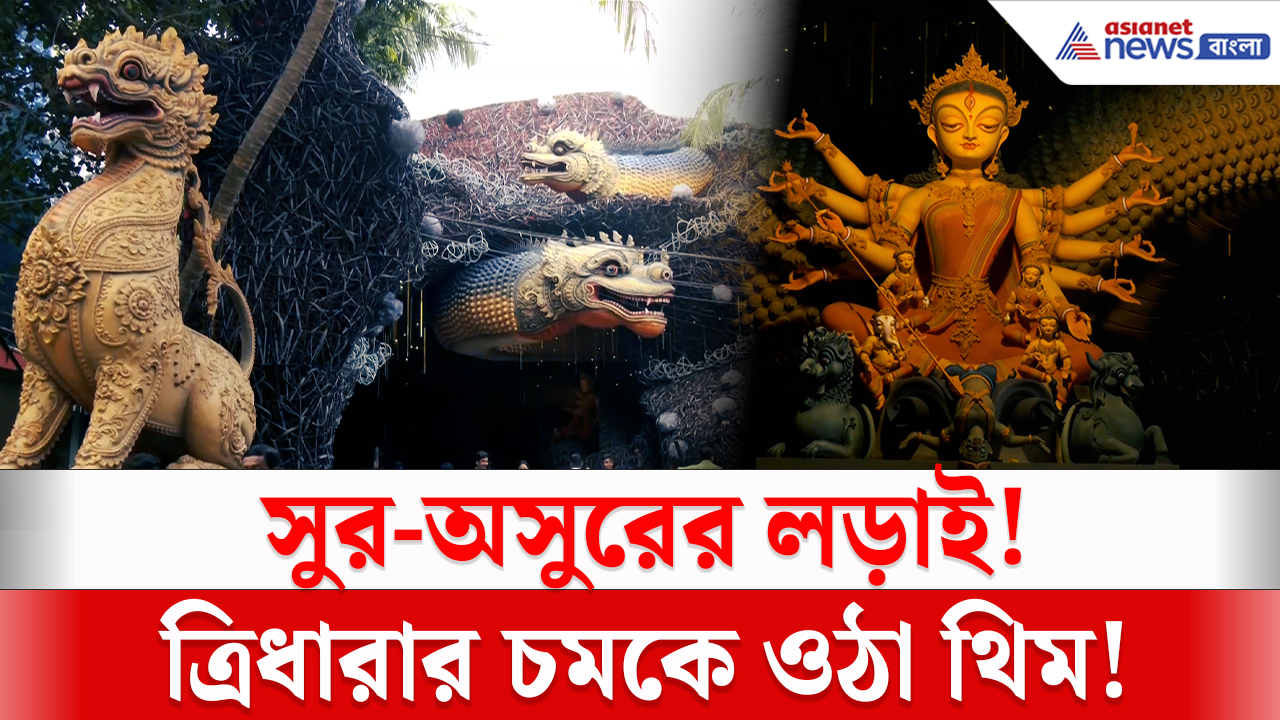 Tridhara Sammilani Durga Puja: কলকাতার মণ্ডপে সুর-অসুরের লড়াই! ত্রিধারা সম্মিলনীর থিমে চমক