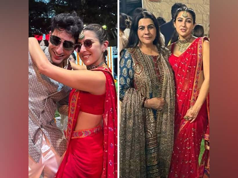 Sara Ali Khan dazzles in red saree at friend's wedding; shares pictures with mom Amrita Singh, brother Ibrahim