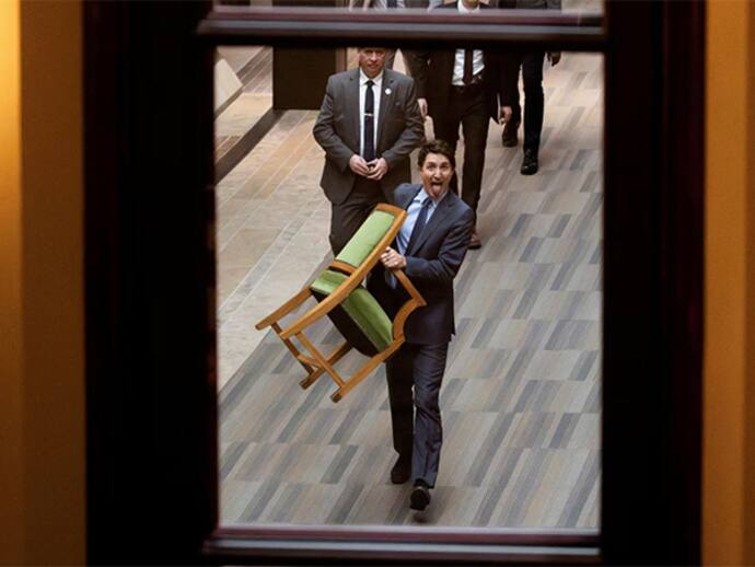 A tongue-in-cheek farewell: Justin Trudeau exits Parliament with chair in tow, marking end of his tenure