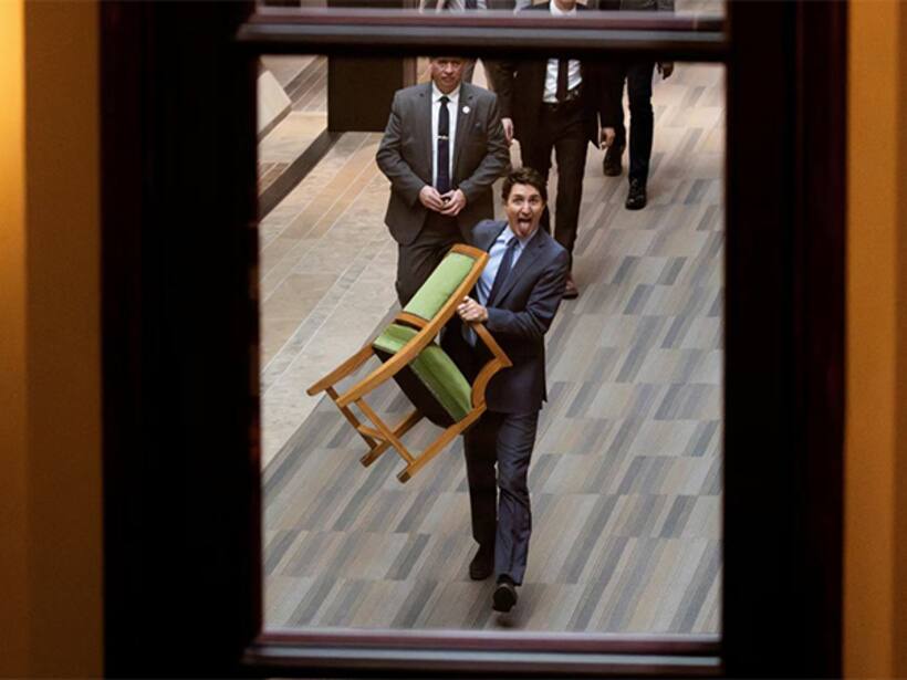 A tongue-in-cheek farewell: Justin Trudeau exits Parliament with chair in tow, marking end of his tenure