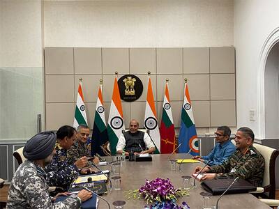 Defence Minister Rajnath Singh holds review meeting at South Block. (Photo/Defence Minister Office)