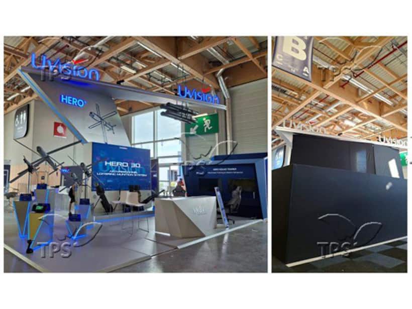Before and after photos at the Paris Air Show, where organizers partitioned Israeli arms exhibitions on June 16, 2025. (Photo by Israeli Defence Ministry/TPS IL)