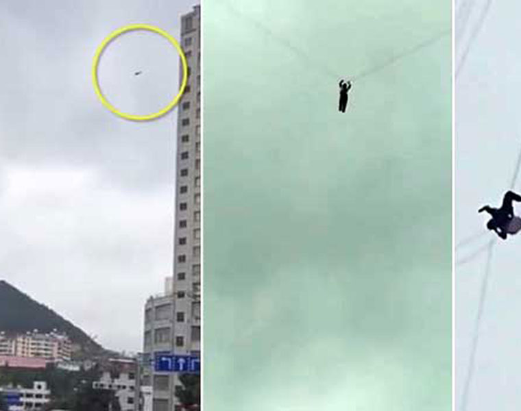 Bill dodging hotel guest sneaks out of his room by climbing on TELEPHONE CABLES