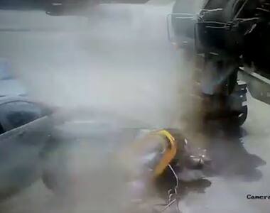 Horrifying: Out of control truck runs over auto