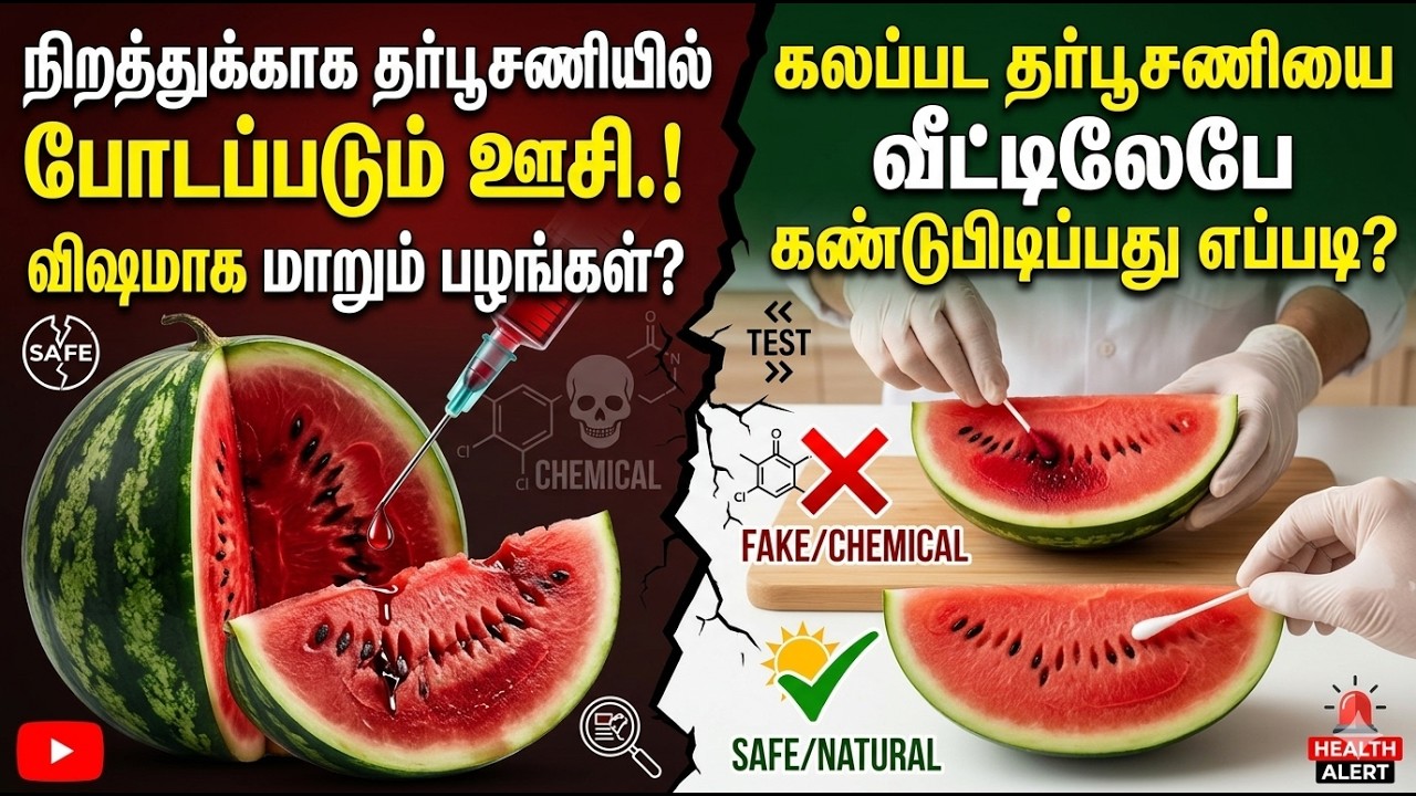 தர்பூசணியில் கலக்கப்படும் ரசாயனங்கள்...! கலப்பட தர்பூசணியை கண்டுபிடிப்பது எப்படி? 🍉⚠️