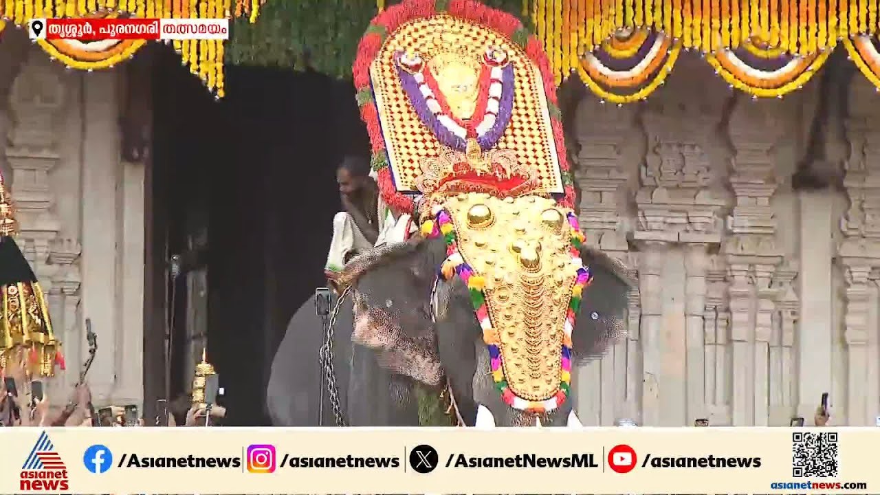 പാറമേക്കാവ് ഭഗവതിയുടെ തിടമ്പേറ്റി തൃക്കടവൂർ ശിവരാജു; ആനകൾ ഓരോന്നായി തെക്കേഗോപുര നടയ്ക്ക് പുറത്തേക്ക്